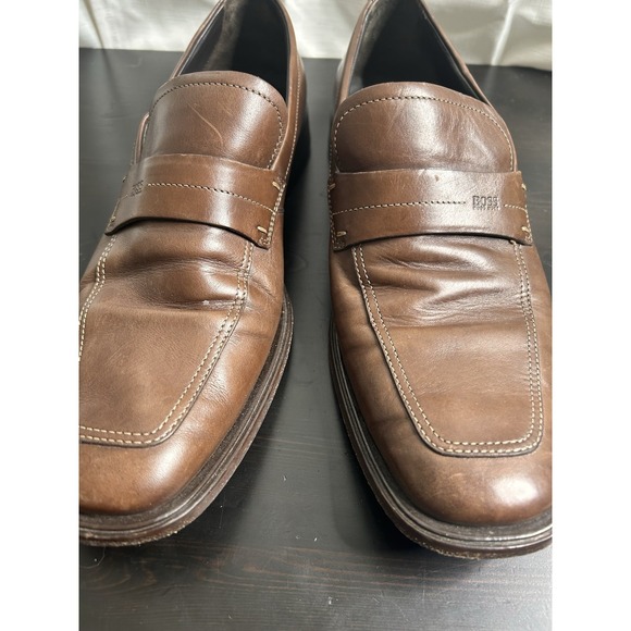 Hugo Boss Mens Brown Leather Slip On Loafers Dress Shoes Size 8.5 - Picture 2 of 7